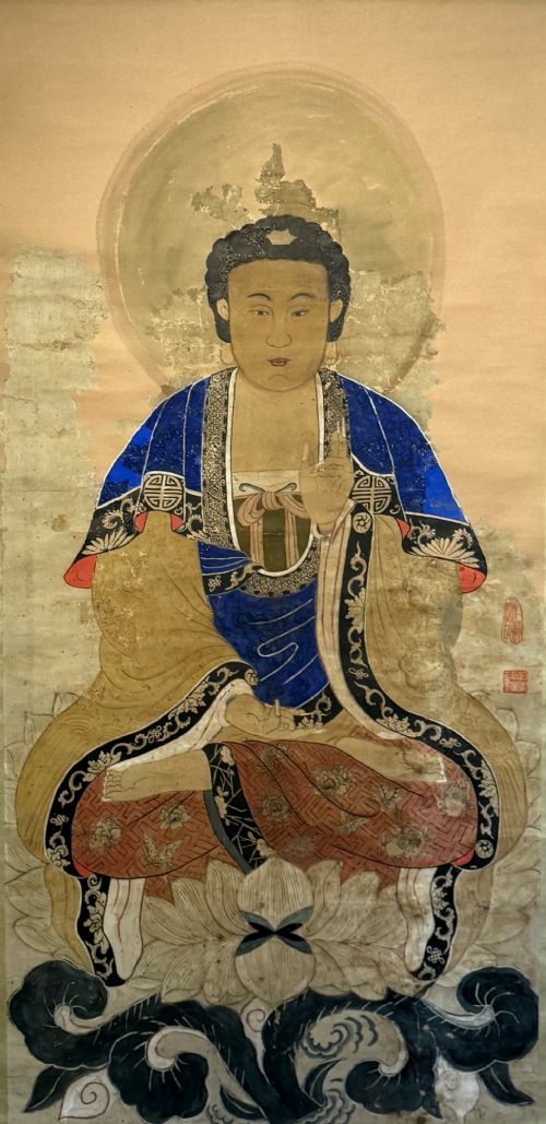 A 19th-century Chinese hanging scroll painting depicting Buddha Shakyamuni seated cross-legged on a lotus throne in blue and gold robes. View IV