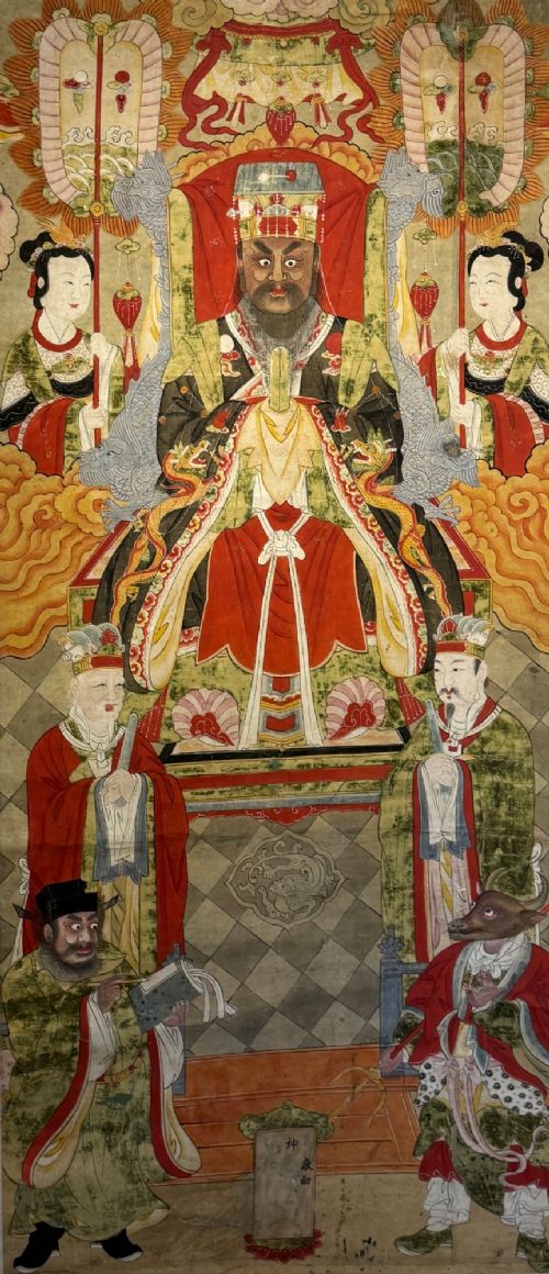 A vertical 19th-century Chinese hanging scroll painting on a pale silk mount depicting an enthroned Daoist judge surrounded by court attendants and mythological figures in red and green ceremonial robes. View IV