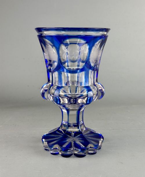 Bohemian Cobalt Blue Overlaid Glass Spa Goblet from Wiesbaden