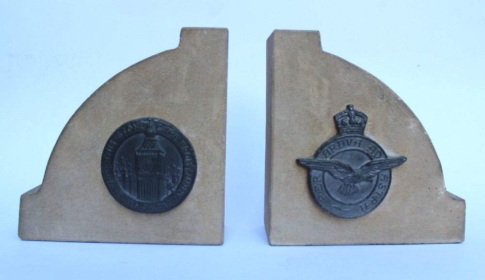 A Pair of WWII Bookends made from the stone of The Houses of Parliament