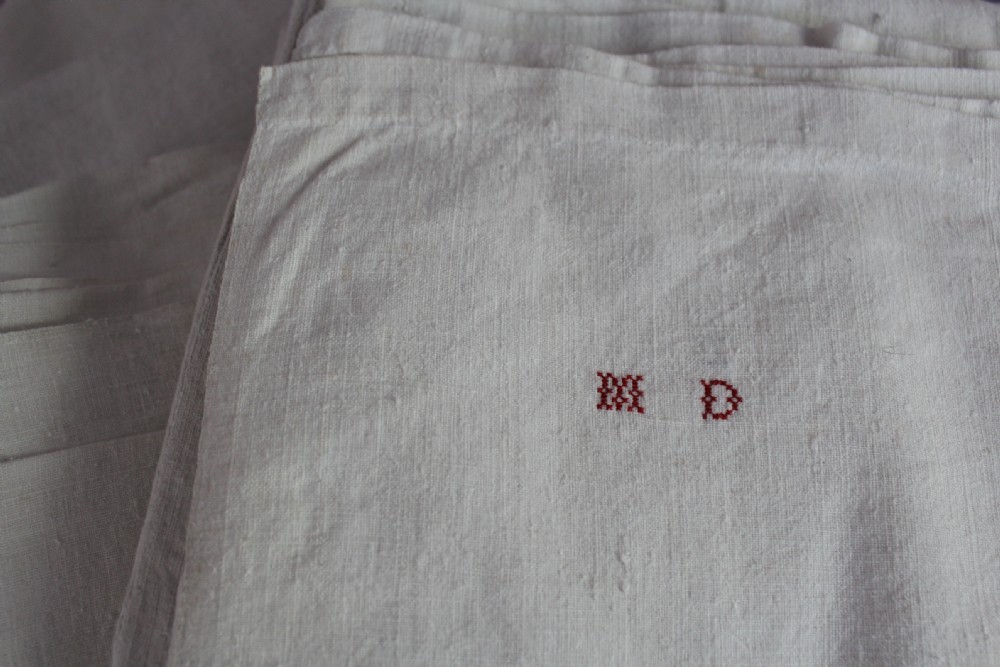 A Pair of Antique French Monogrammed Metis Linen Sheets