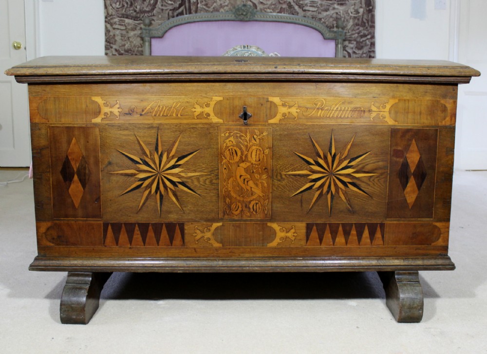 An Antique Dutch Inlaid Marquetry Oak Marriage Chest