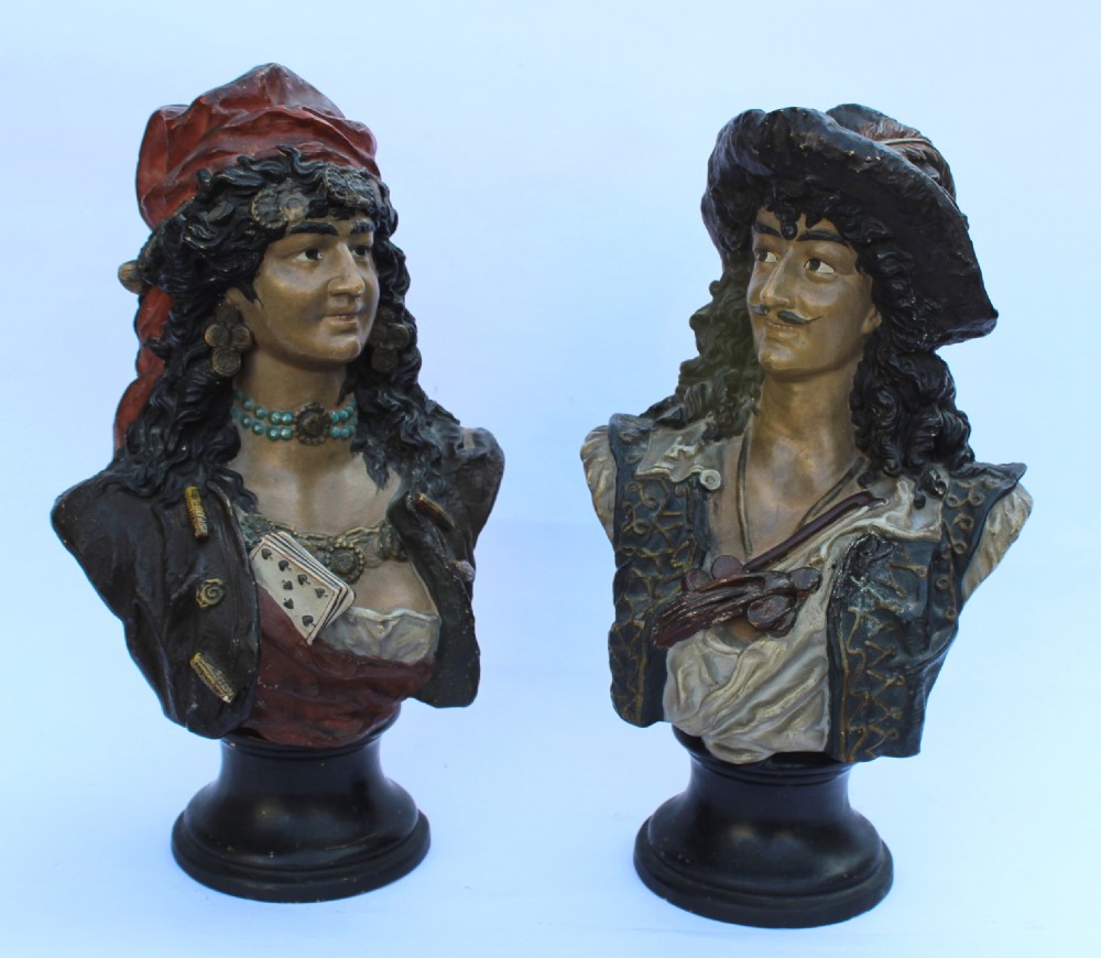 Pair of Austrian Cold Painted Terracotta Busts of a Gipsy Fortune Teller and Companion