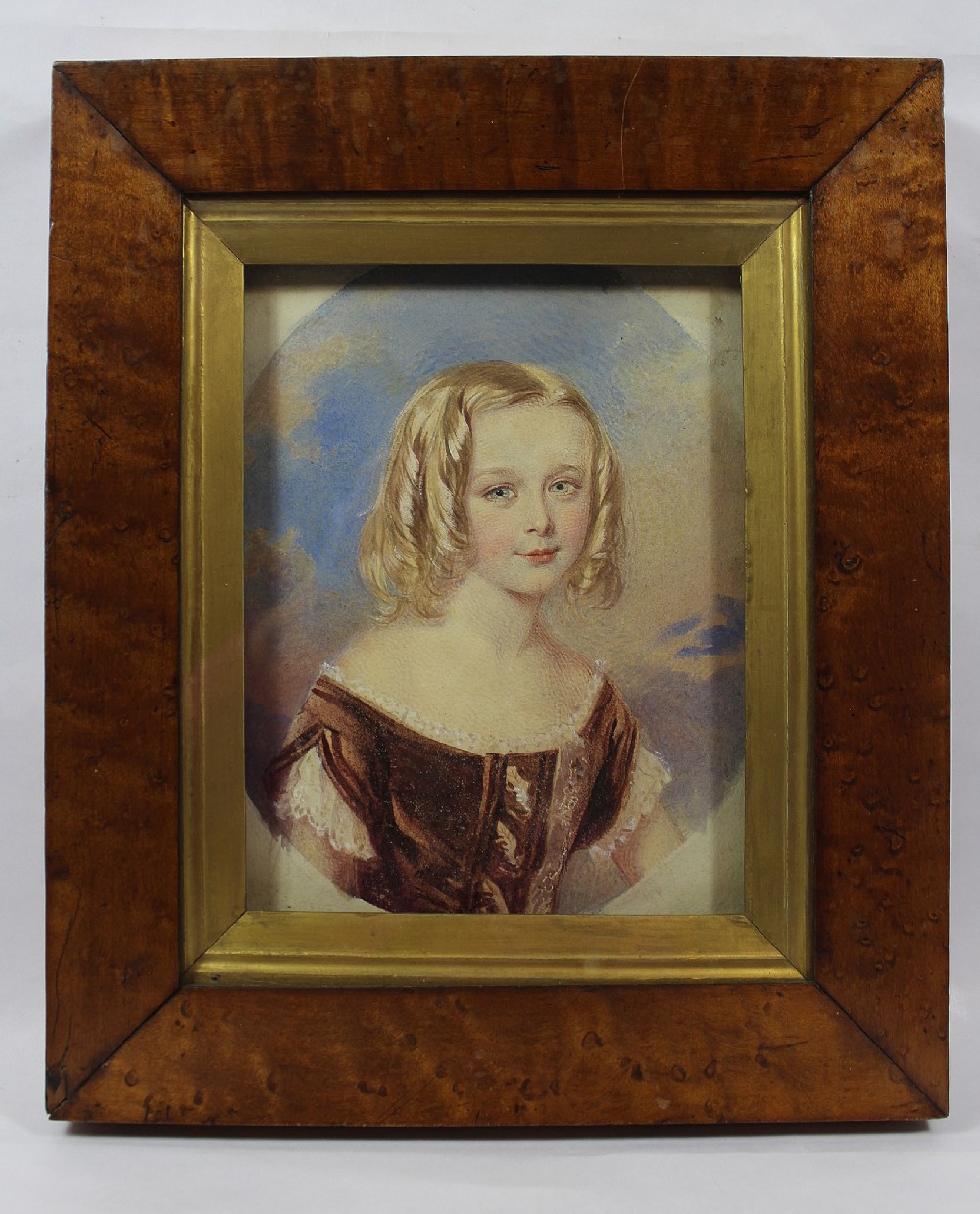 Victorian Watercolour Portrait of a young girl with burr maple frame