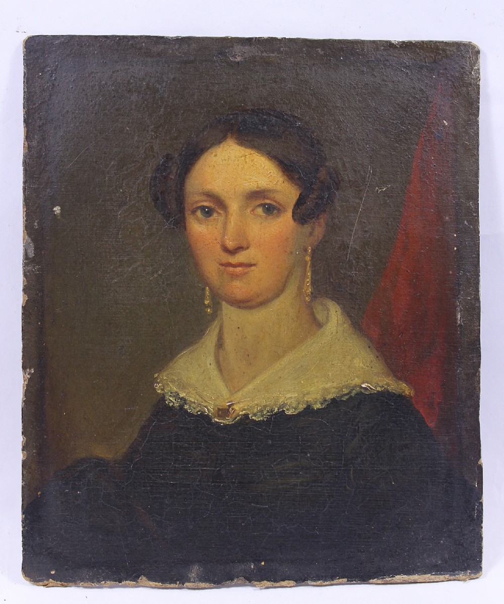 Victorian Oil Portait of a Lady in a lace trimmed collar