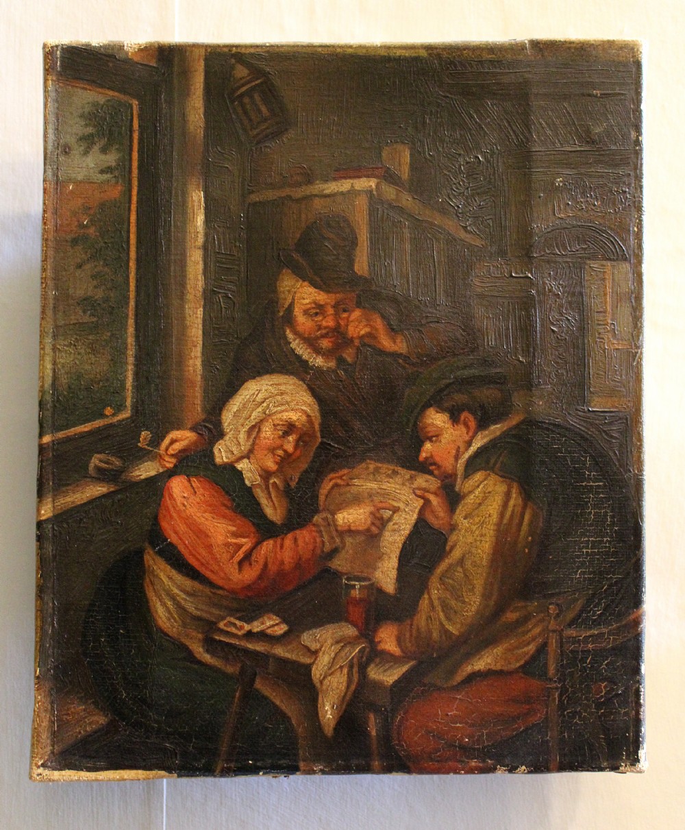 19th Century Dutch Genre Oil Painting of Figures in a Tavern