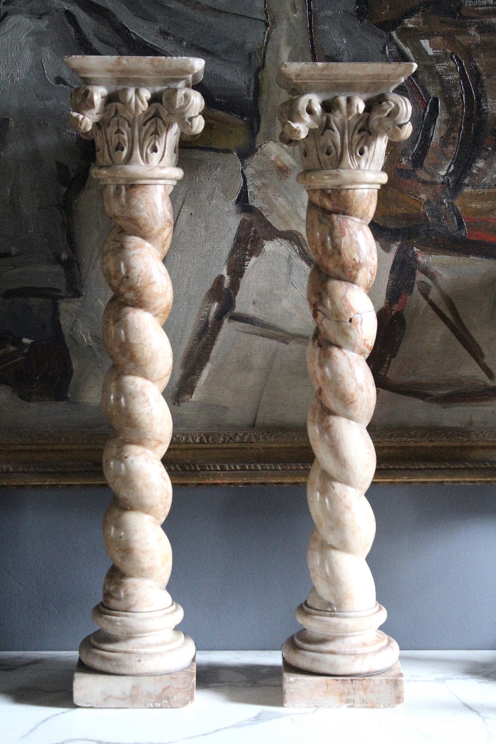 Pair of Marble Solomonic Columns with Corinthian Capitals 