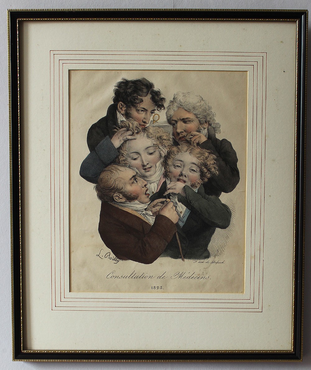Boilly - Consultation de Medecins, hand coloured lithograph, 1823