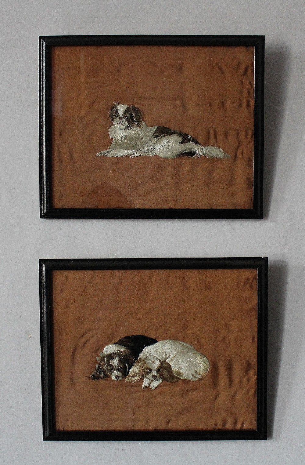 Pair of Japanese Meiji Silkwork Picture of Dogs