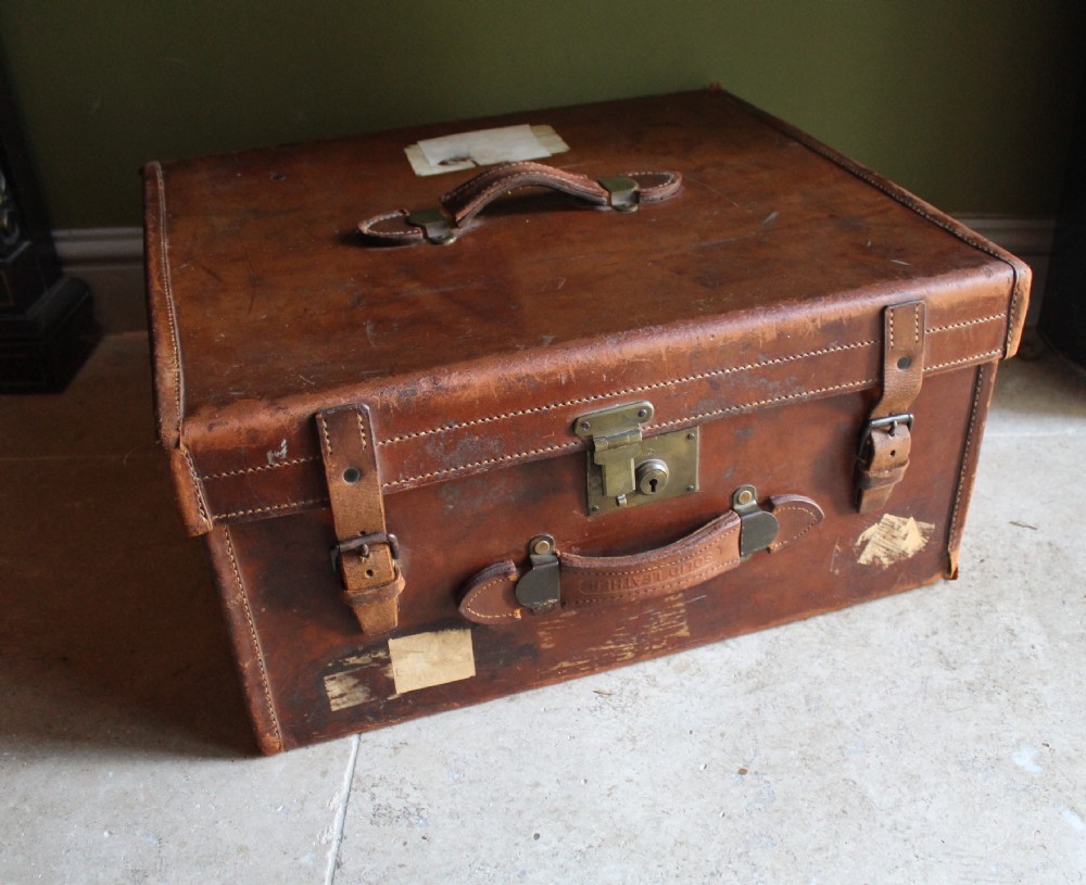 Antique Brass Mounted Brown Leather Suitcase