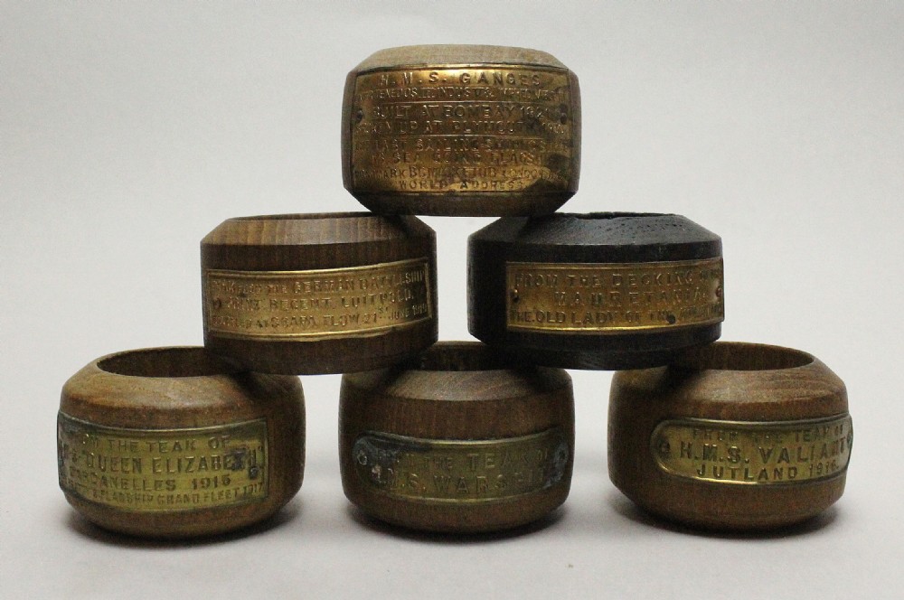 Six Teak Napkin Rings of Naval Interest