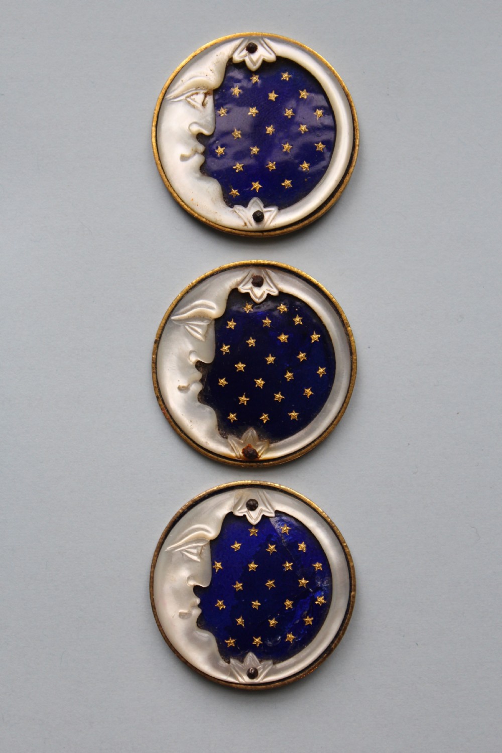 Three French Blue Enamel & Mother of Pearl Buttons