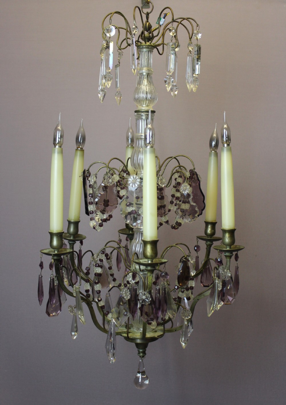 French Amethyst and Clear Glass Six Branch Chandelier