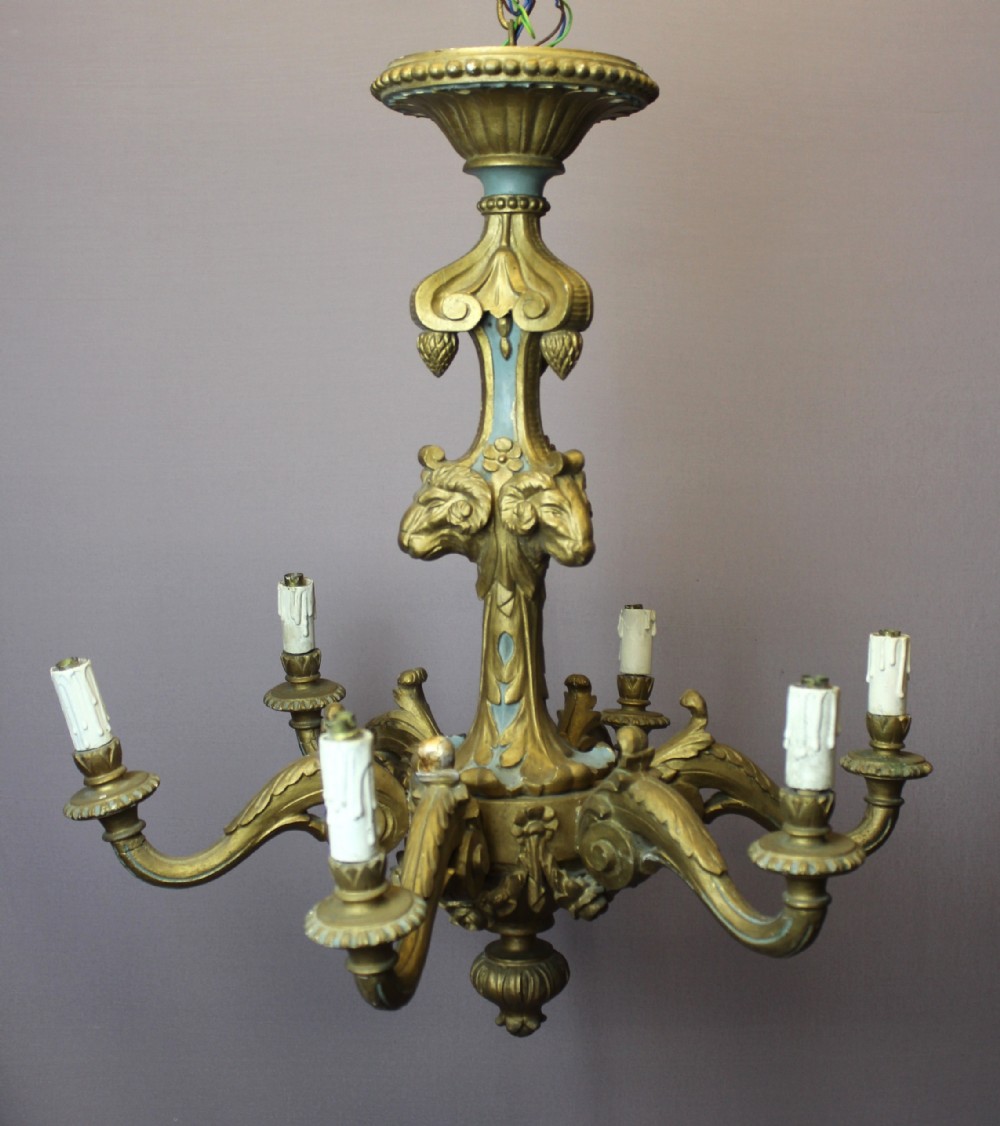 Italian Carved Gilt Wood Chandlier with Ram's Head Decoration