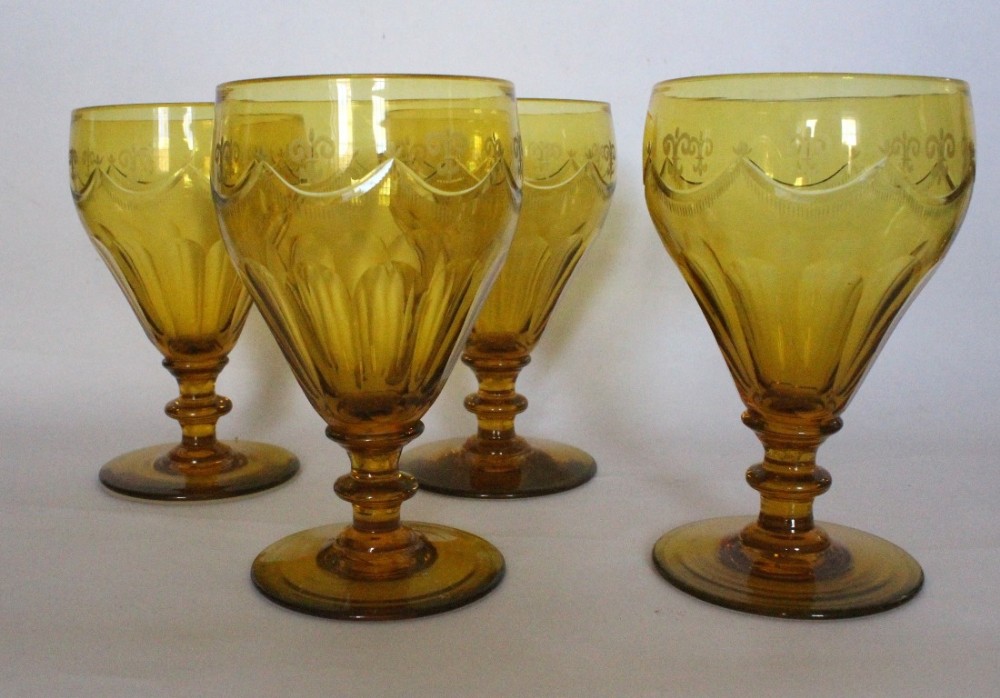 Four Large Antique Amber Glass Wine Glasses / Rummers