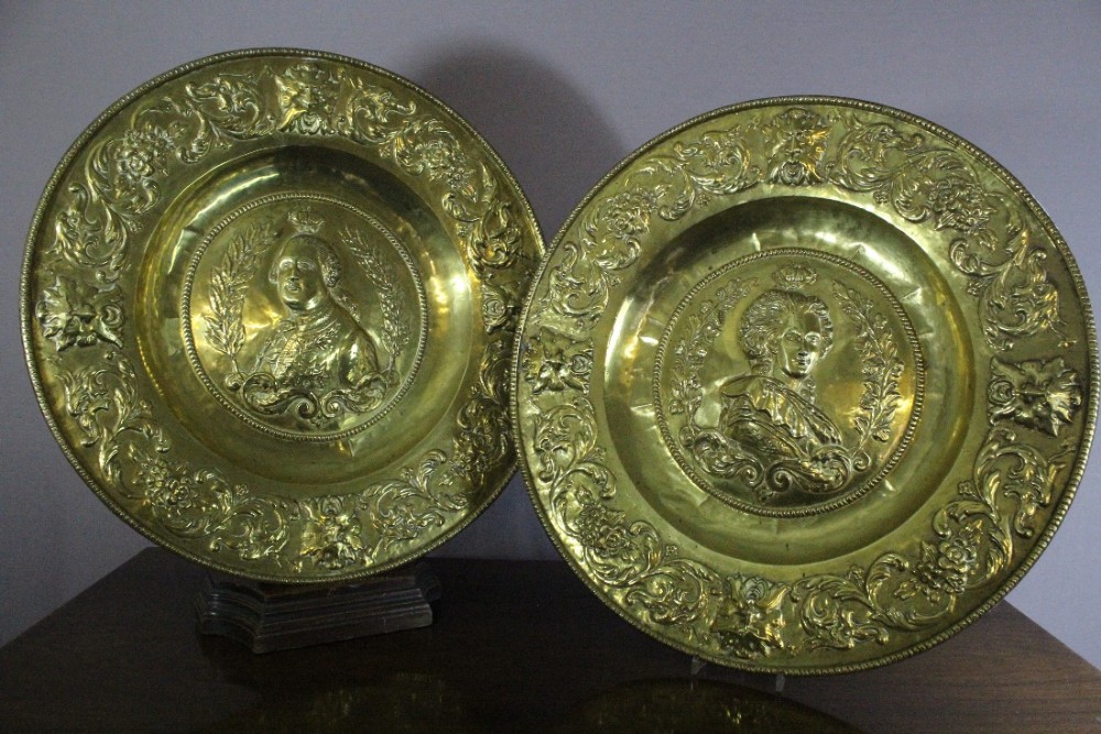 Large French Brass Royal Portrait Chargers of Louis XVI & Marie Antoinette