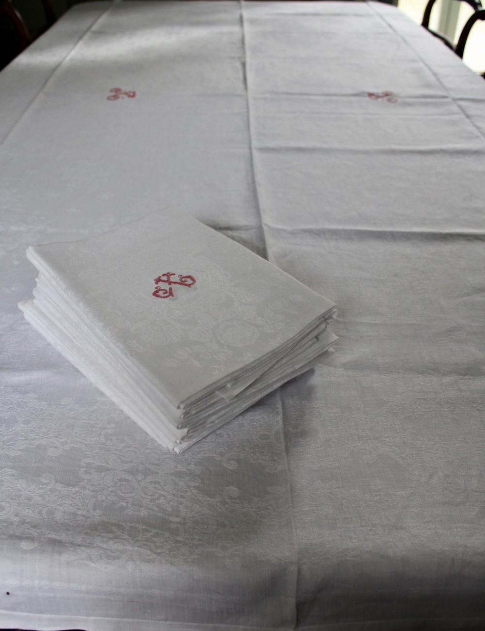 Antique French Monogrammed Damask Tablecloth & 12 Napkins