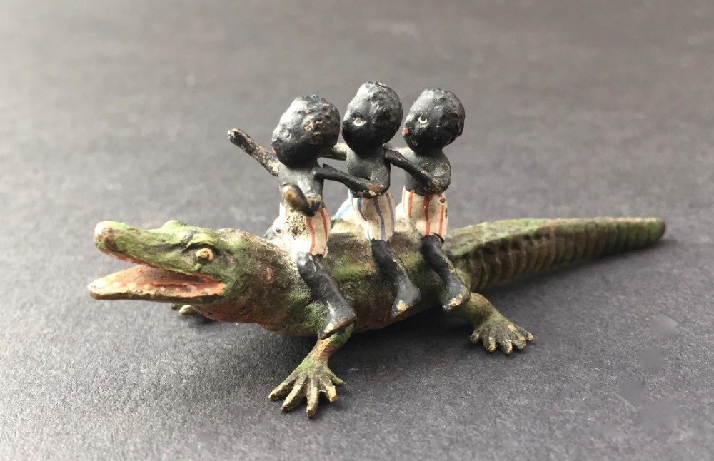 Austrian Cold Painted Bronze of three black boys & crocodile manner of Bergman