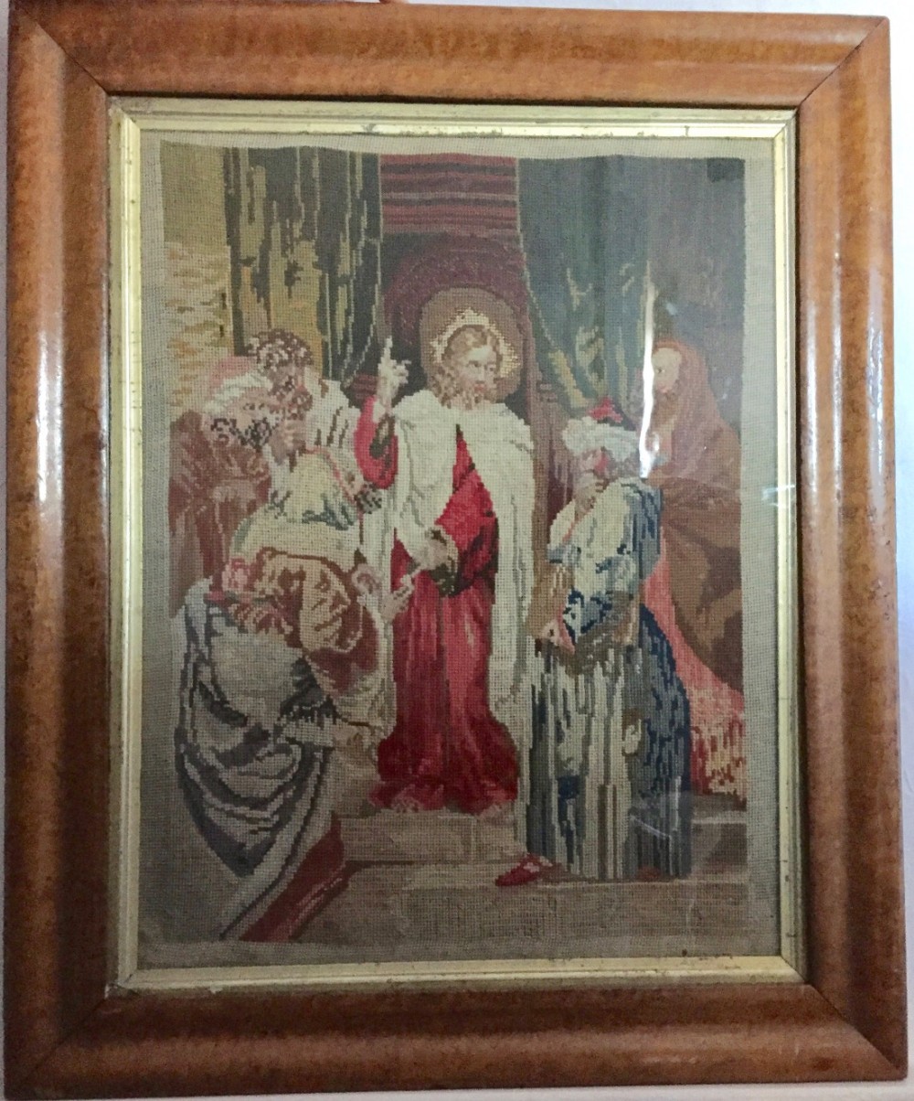 Large Victorian woolwork picture with glazed burr walnut frame.