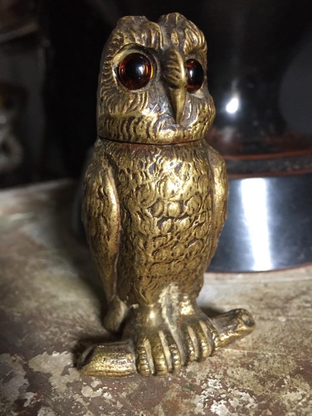 Continental Gilt Bronze Owl Inkwell