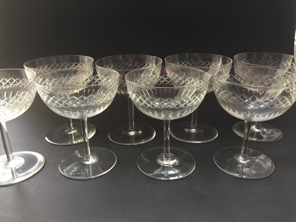 Set of 8 Edwardian cut glass champagne coupes / glasses