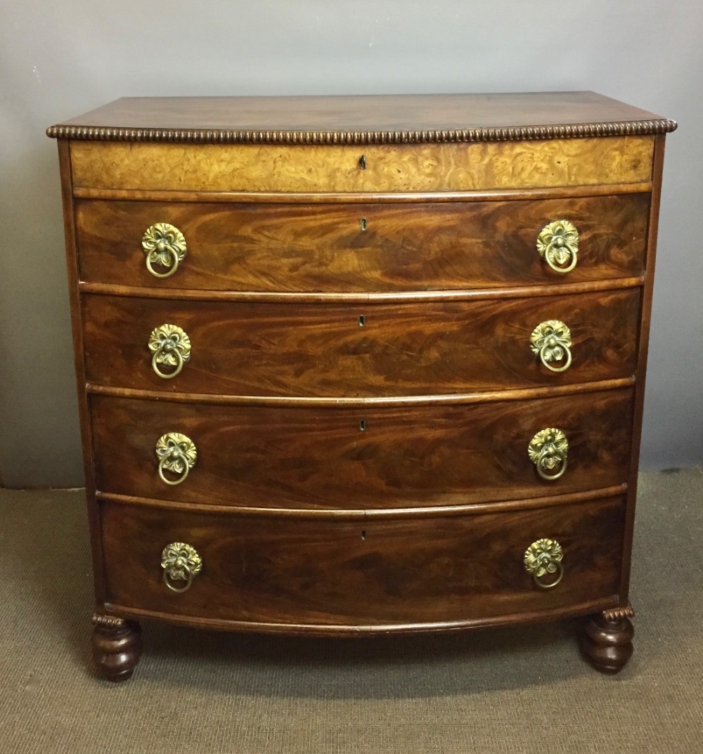 Unusual Regency Mahogany & Burr Elm Bowfront Chest of Drawers