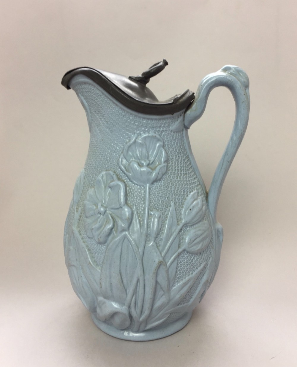 Victorian Pewter Lidded Saltglaze Jug