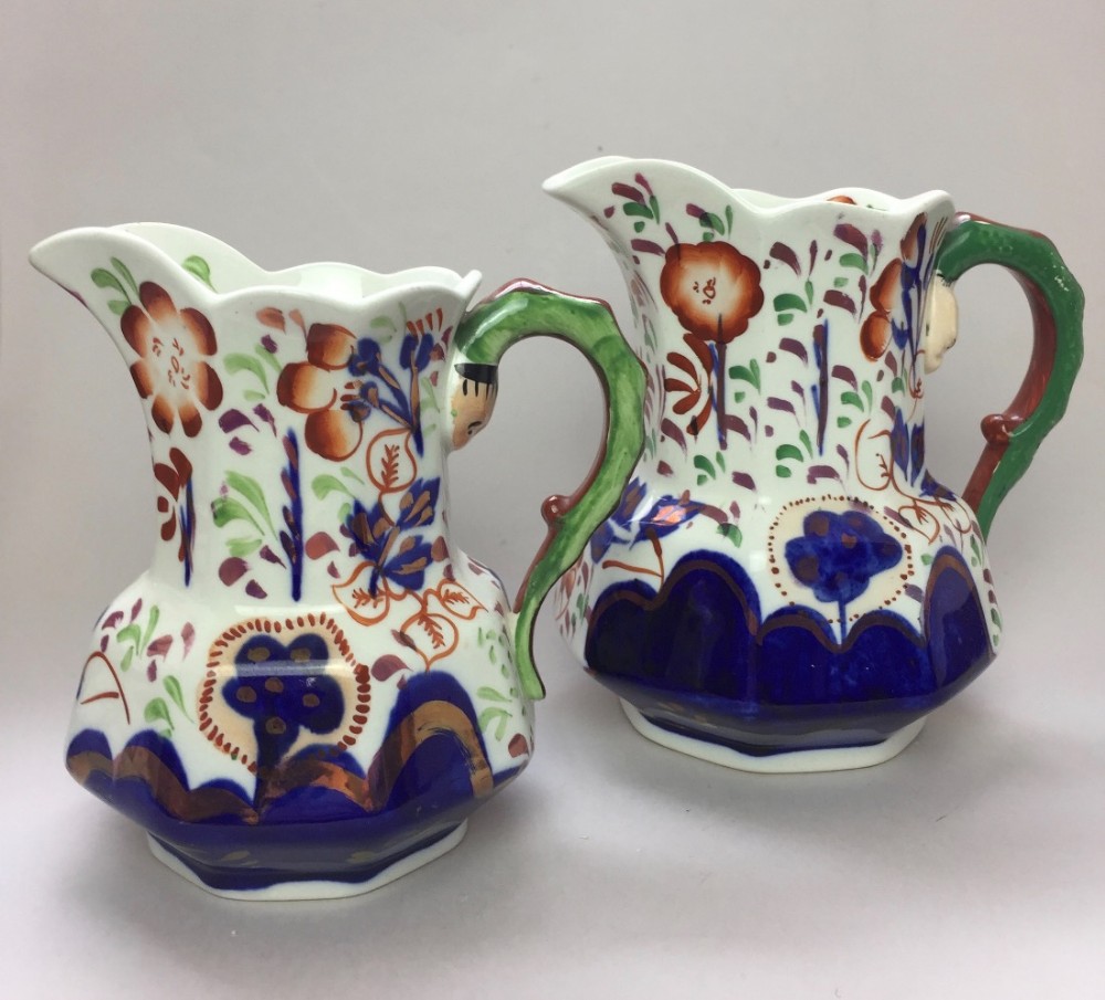Two Allertons 'Gaudy Welsh' Snake Handled Jugs in Imari Palette