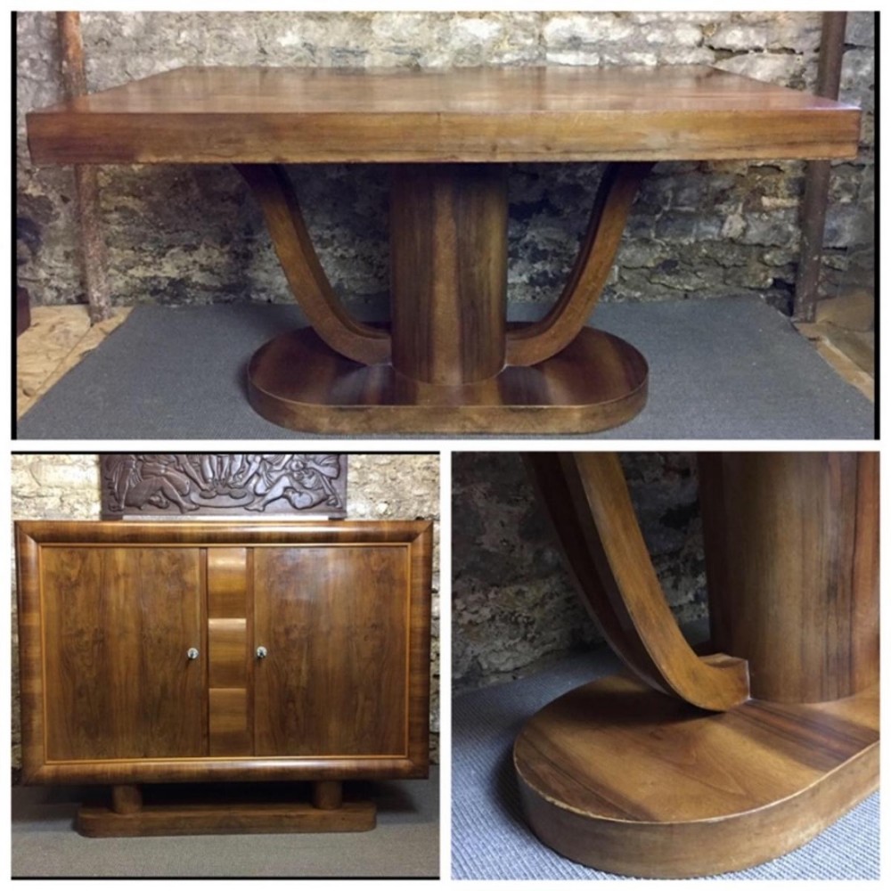 French Art Deco Walnut Dining Table & Buffet