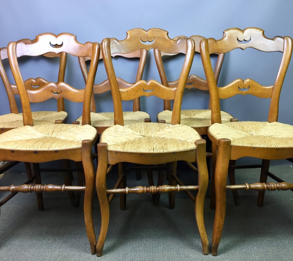 Set of Six French Rush Seated Country Chairs