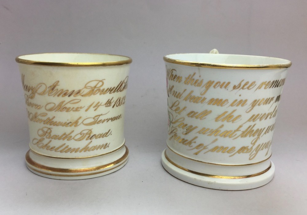 Victorian Staffordshire Porcelain Christening & Friendship Mugs