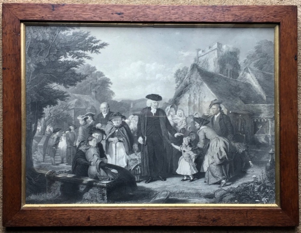 19th Century Framed Stipple Engraving of John Wesley and followers outside a Parish Church