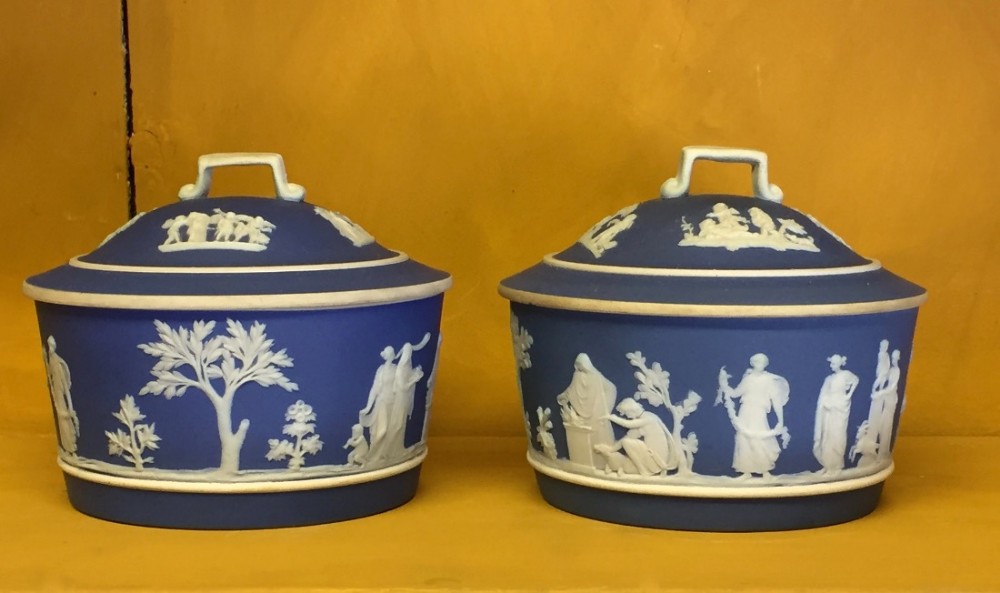 Pair of Wedgwood blue jasper dip butter tubs and covers circa 1905