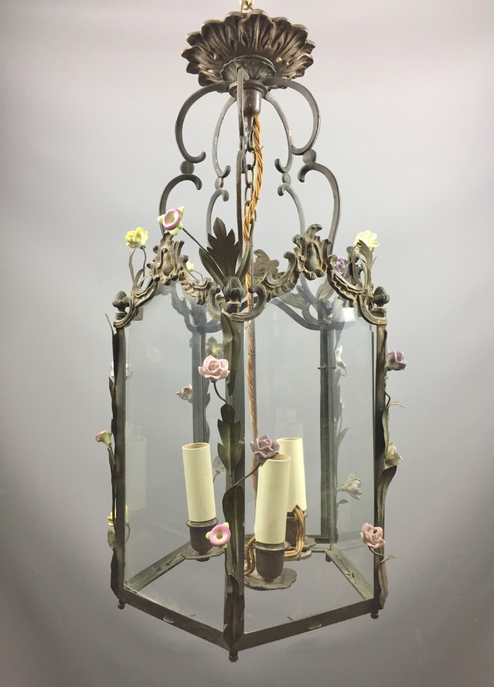 Italian / French Gilt Metal Hall Lantern encrusted with porcelain flowers