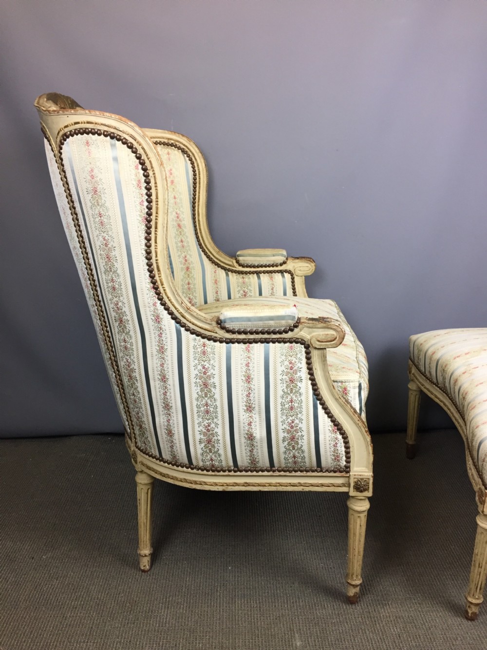 French Louis XVI Style Duchesse Brisee Bergere Armchair and Stool View II