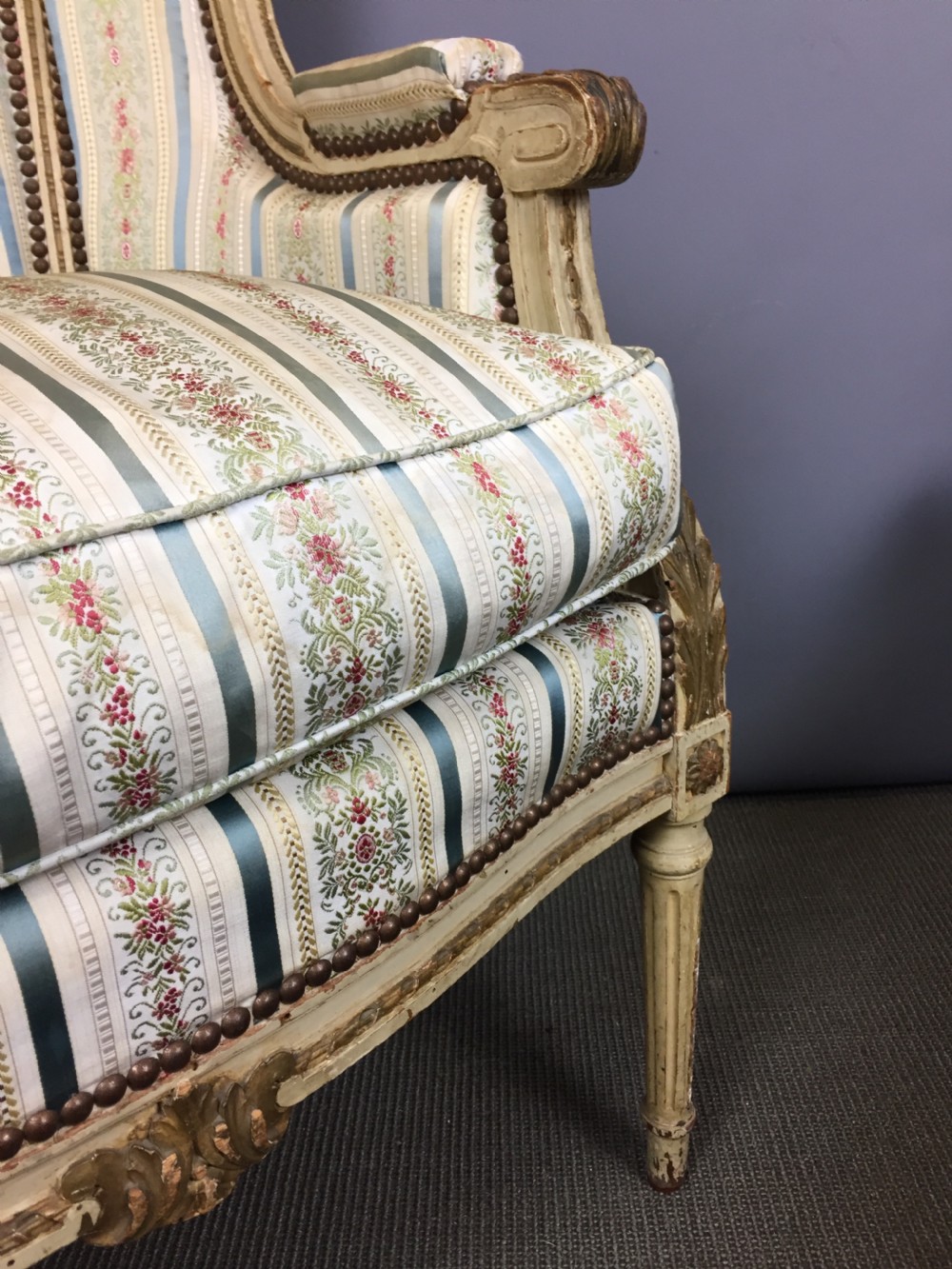 French Louis XVI Style Duchesse Brisee Bergere Armchair and Stool View IV