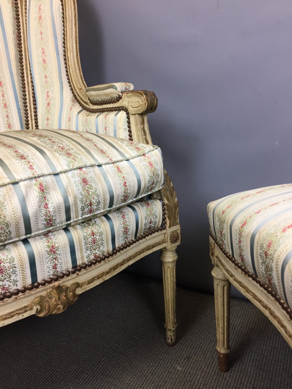 French Louis XVI Style Duchesse Brisee Bergere Armchair and Stool View V
