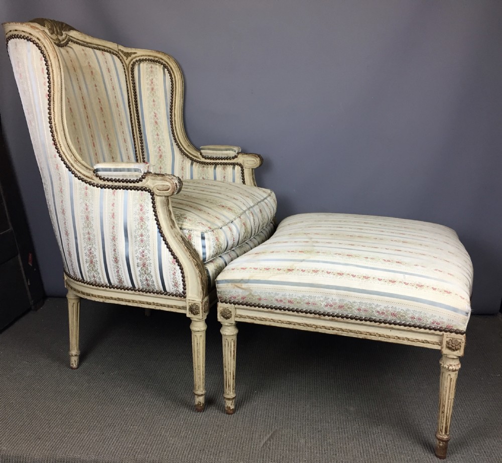 French Louis XVI Style Duchesse Brisee Bergere Armchair and Stool View VII