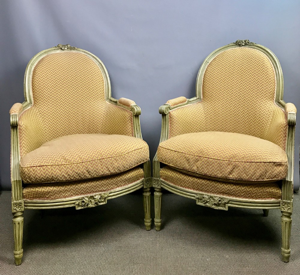 Pair of French Louis XVI Style Painted Bergere Armchairs