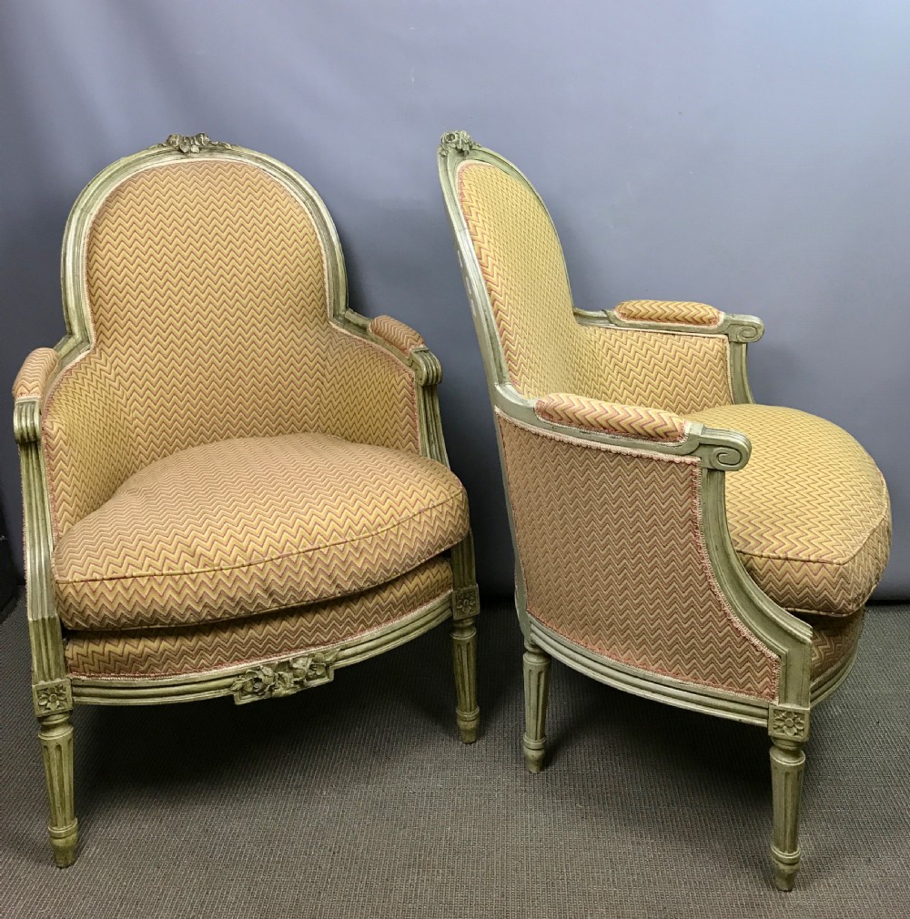 Pair of French Louis XVI Style Painted Bergere Armchairs View II