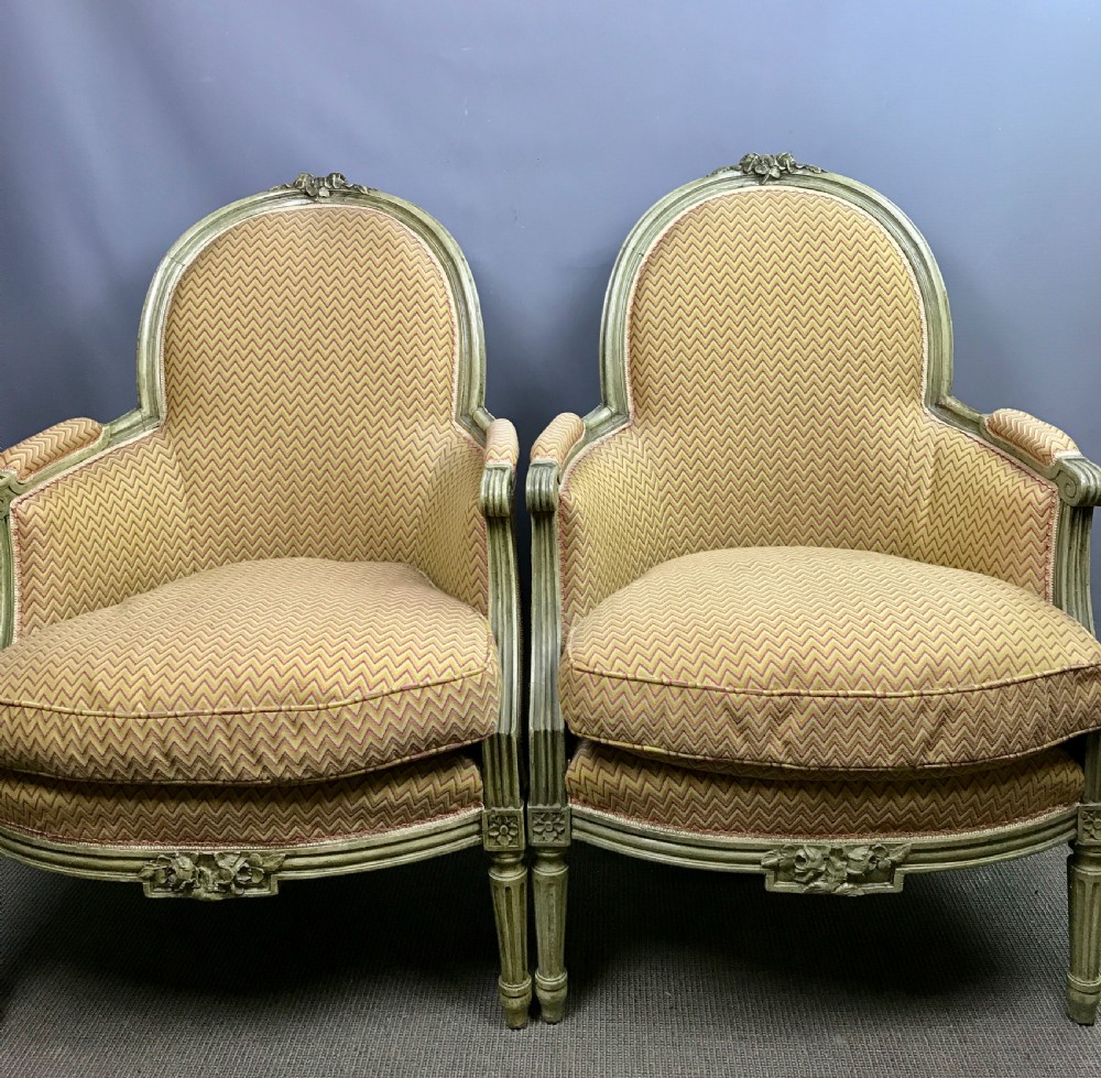 Pair of French Louis XVI Style Painted Bergere Armchairs View VI