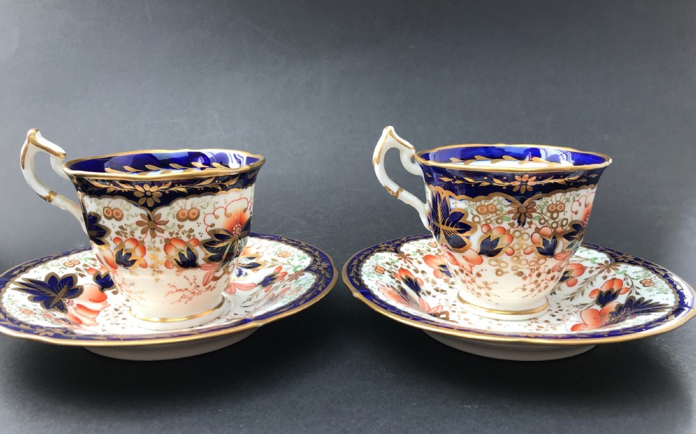 Pair of Antique Staffordshire Porcelain Coffee Cups & Saucers in Imari Pattern View II