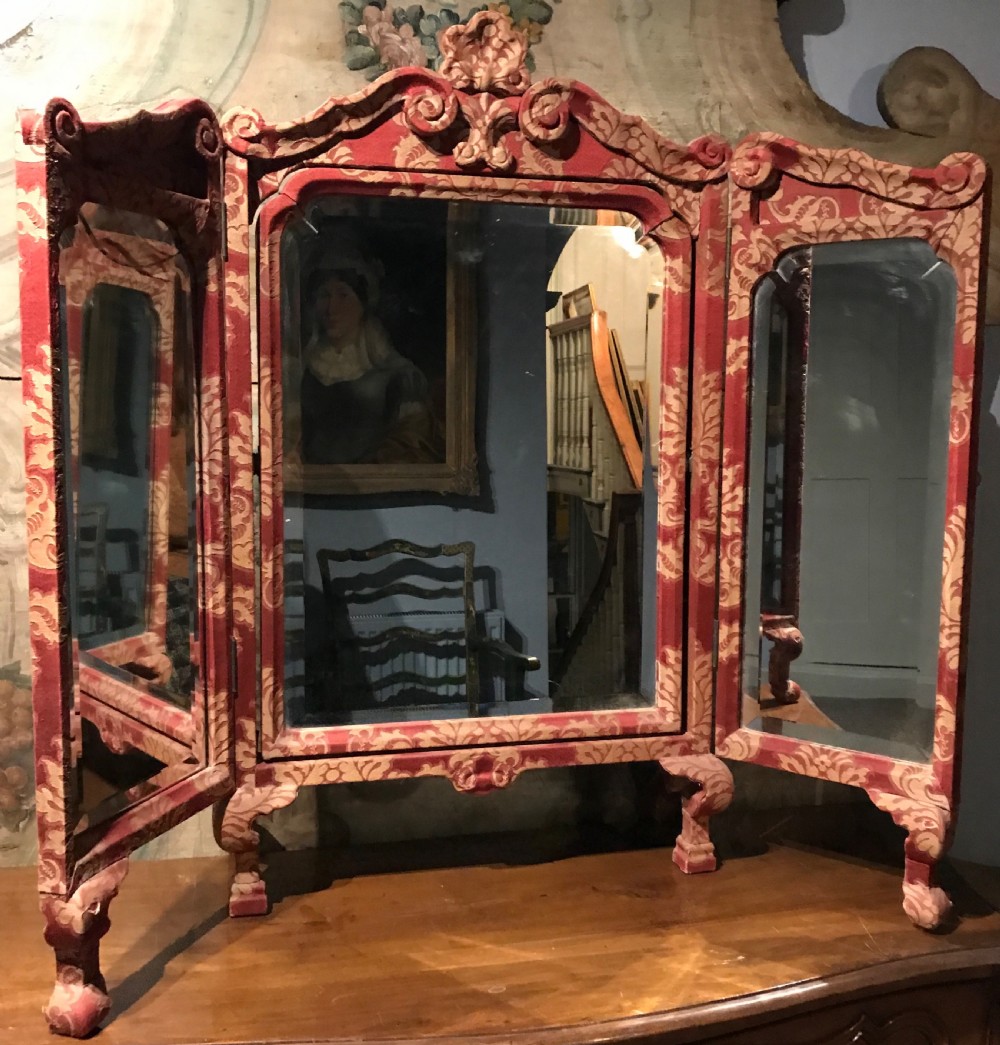 Antique Damask Fabric Covered Triptych Dressing Mirror in 17th Century Style View II