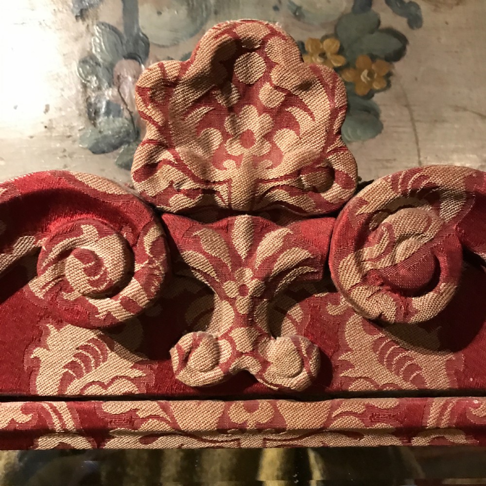 Antique Damask Fabric Covered Triptych Dressing Mirror in 17th Century Style View III