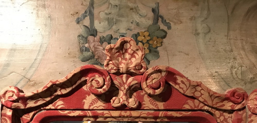 Antique Damask Fabric Covered Triptych Dressing Mirror in 17th Century Style View IV