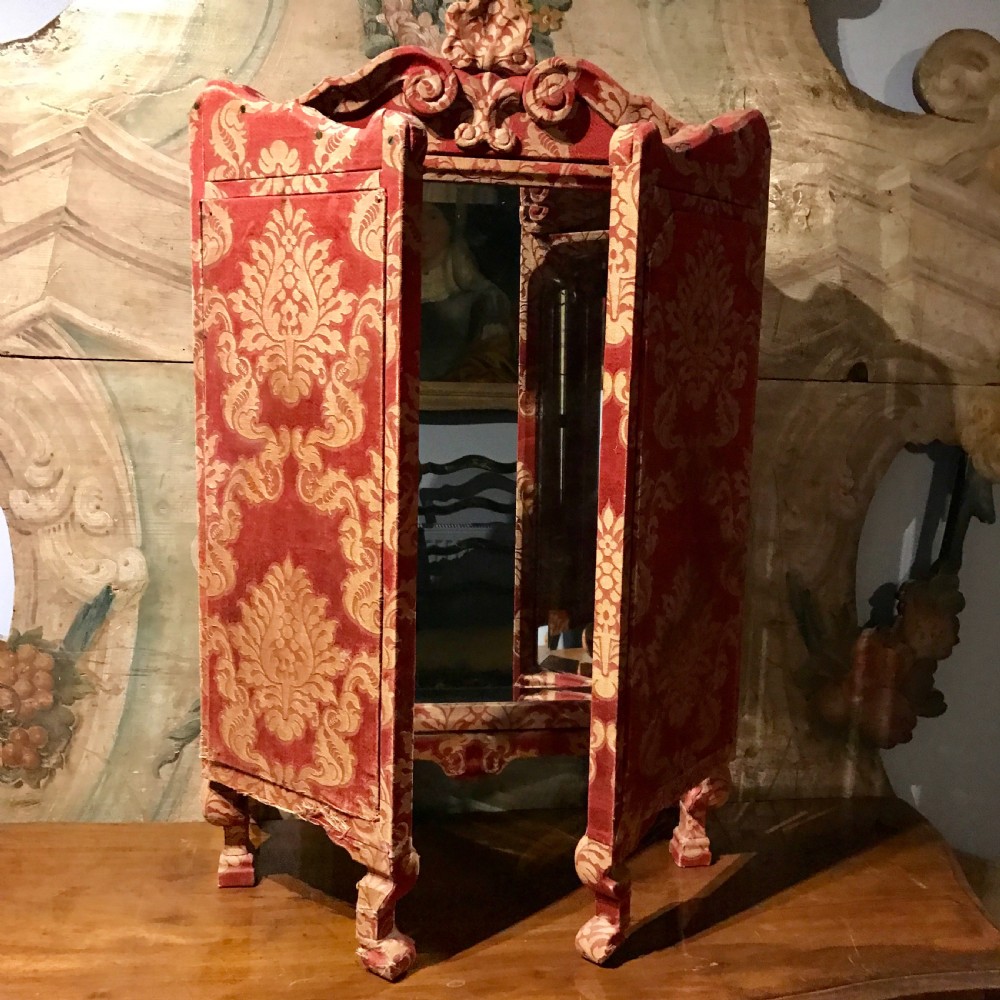Antique Damask Fabric Covered Triptych Dressing Mirror in 17th Century Style View VI