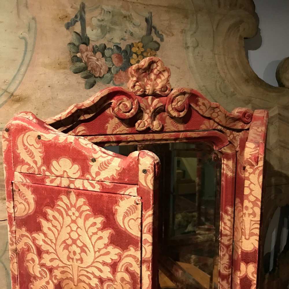 Antique Damask Fabric Covered Triptych Dressing Mirror in 17th Century Style View VII