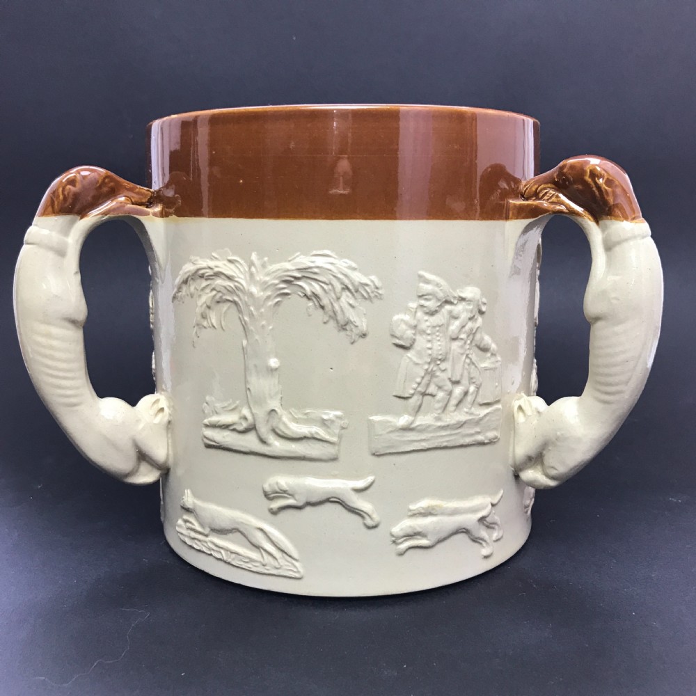 Large Saltglaze Stoneware Hunting Tyg / Loving Cup, possibly Derbyshire