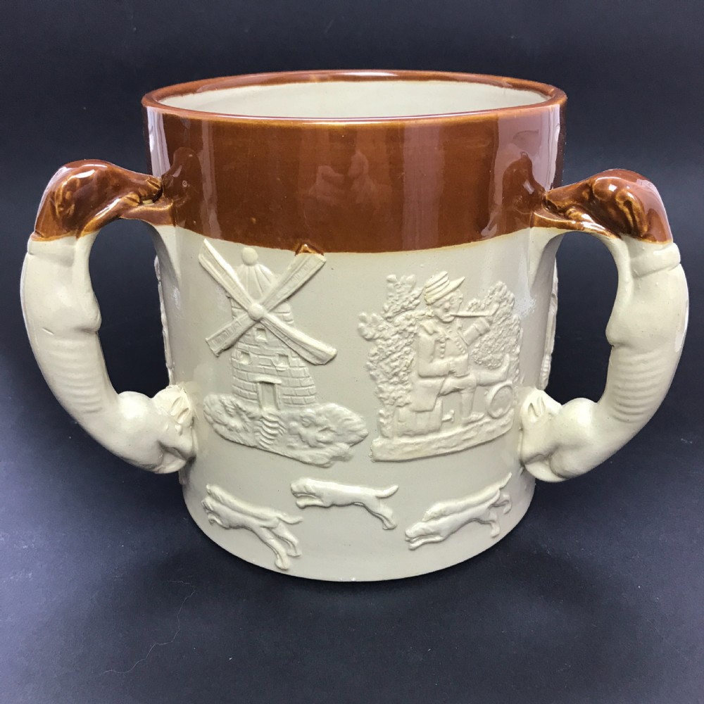 Large Saltglaze Stoneware Hunting Tyg / Loving Cup, possibly Derbyshire View III