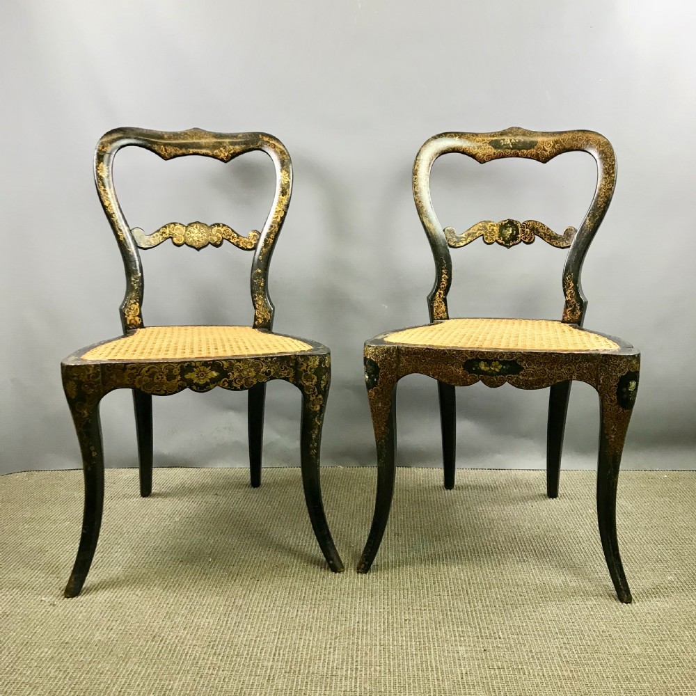 Pair of Victorian Japanned Chairs with Gilt Foliate Decoration